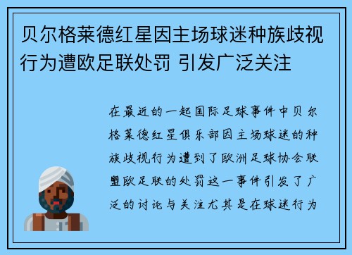 贝尔格莱德红星因主场球迷种族歧视行为遭欧足联处罚 引发广泛关注